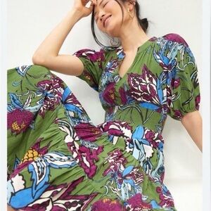 ANTHROPOLOGIE | Conditions Apply Floral Puff Sleeve MIDI Dress